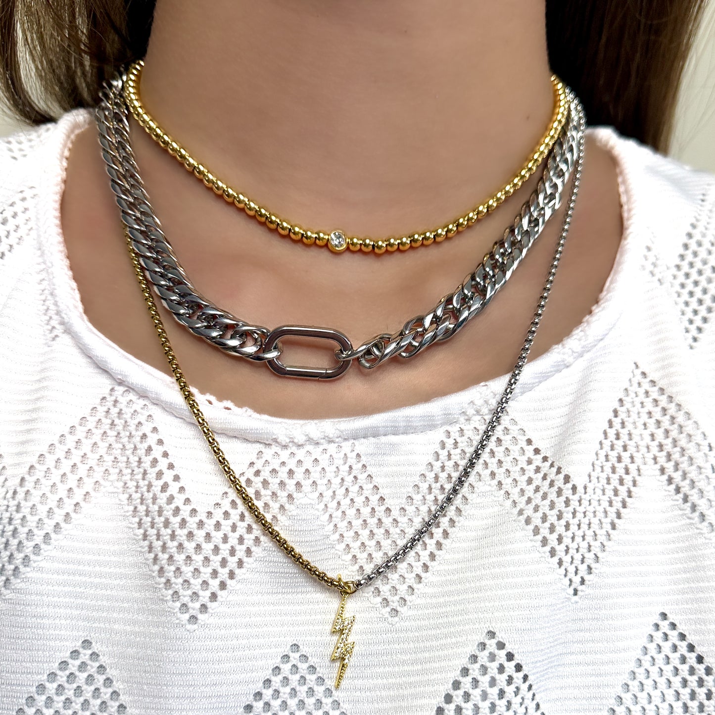 Lyra Layering Set | Dual-Tone Box Chain with Gold-Plated Clasp | Two-Tone Lightning Bolt Necklace | Silver Beaded Chain with Zircon Center | Bold Curb Chain