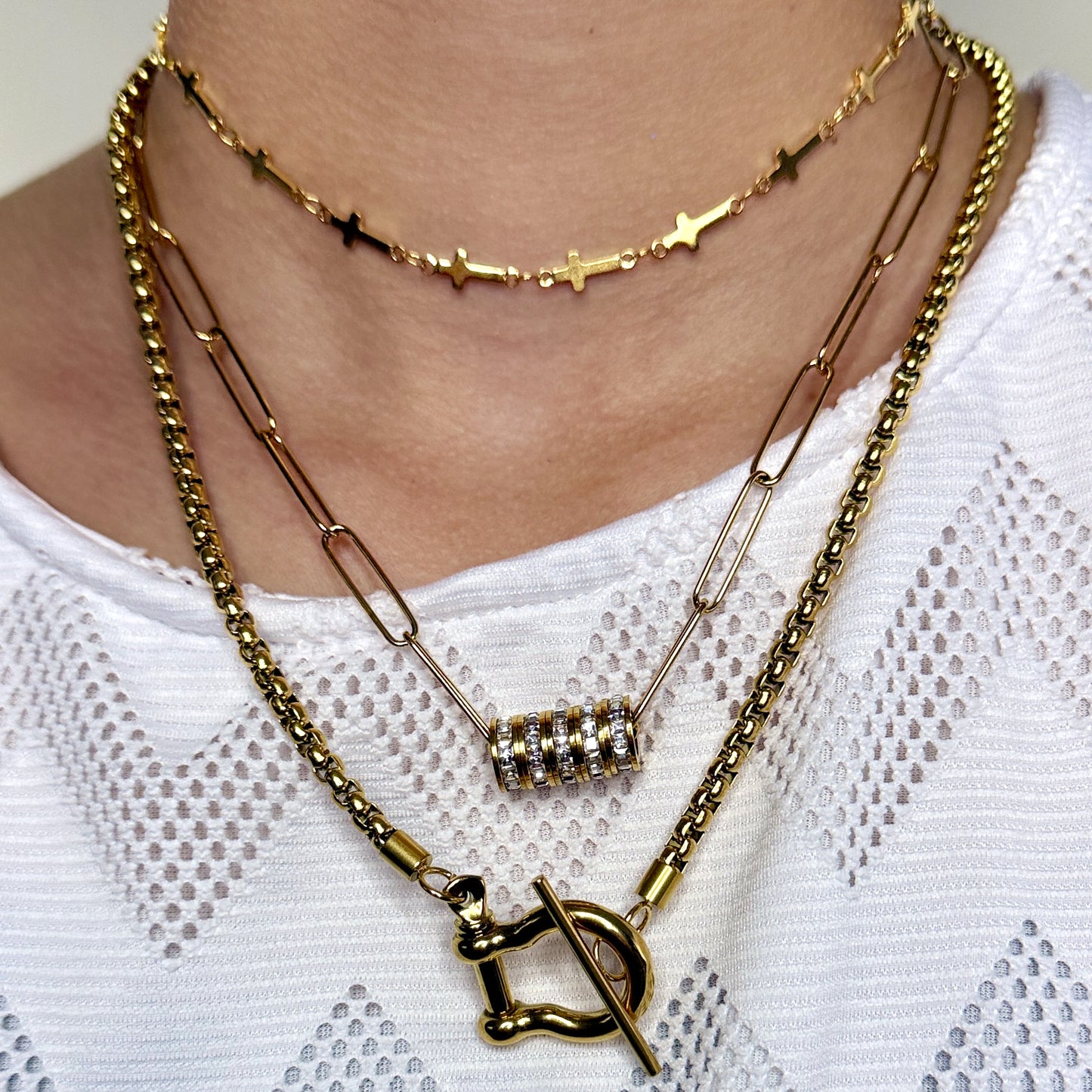 Rhea Chic Layered Necklace Set | Gold Stainless Steel | Paperclip Chain with Zircon Beads | Mini Cross Chain | Classic Box Chain and Horseshoe T-Clasp