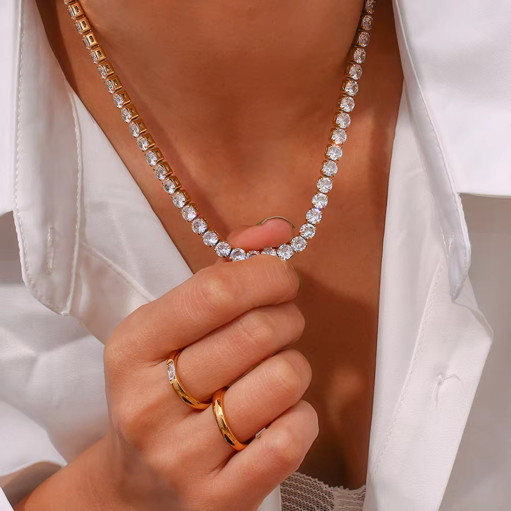 Cleo Silver Twisted Choker |Rhinestone Tennis Chain | Lariat Chain with Clasp + Bar Detail