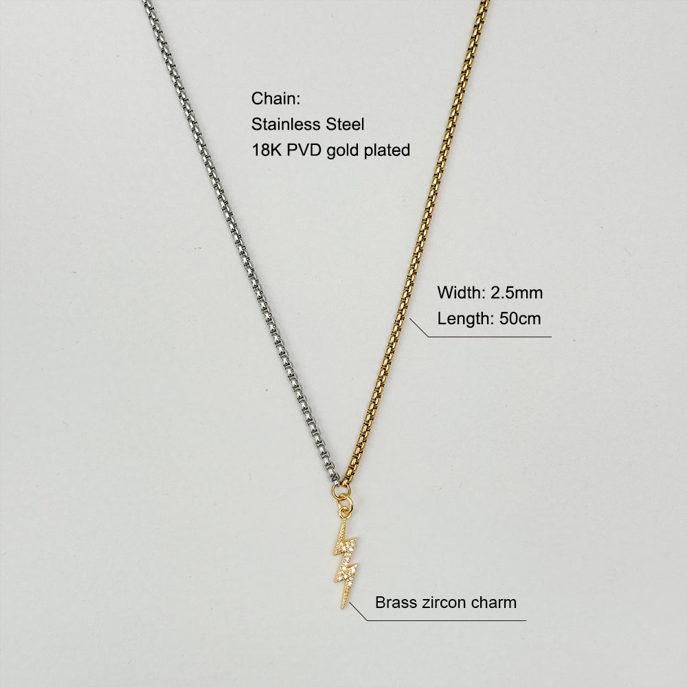 Lyra Layering Set | Dual-Tone Box Chain with Gold-Plated Clasp | Two-Tone Lightning Bolt Necklace | Silver Beaded Chain with Zircon Center | Bold Curb Chain
