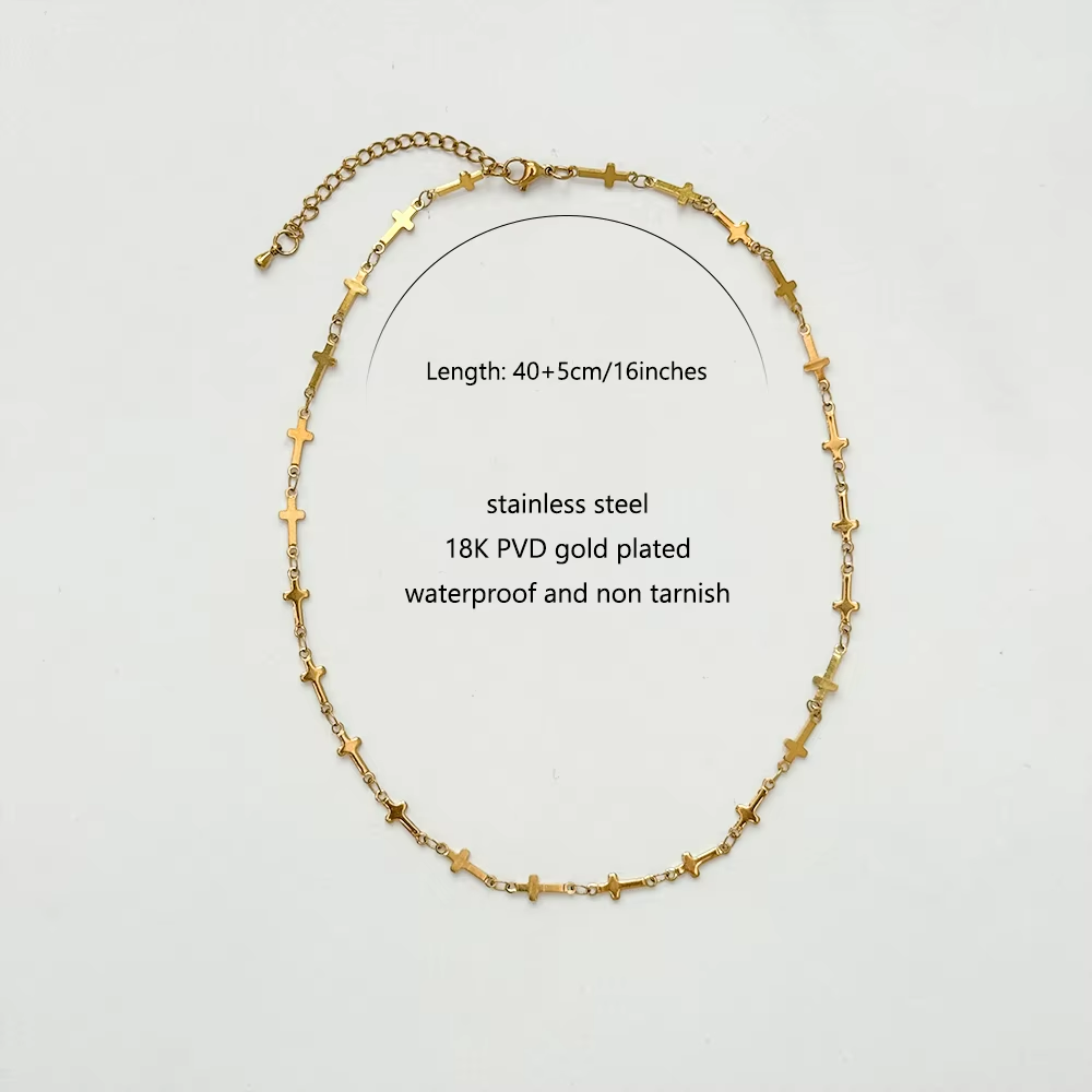 Rhea Chic Layered Necklace Set | Gold Stainless Steel | Paperclip Chain with Zircon Beads | Mini Cross Chain | Classic Box Chain and Horseshoe T-Clasp