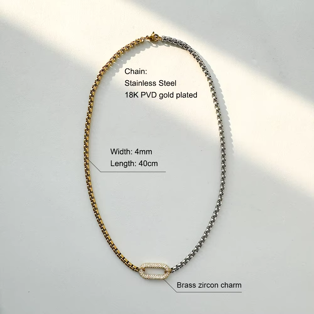 Sloane Stainless Steel Gold-Plated Layering Set| Paperclip Chain with Zircon Rings | Two-Tone Box Chain with Pave Link