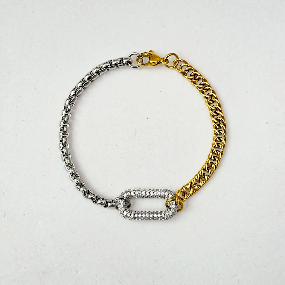 Zahara Bangle Stack Trio | Two-Tone Pave Link Bracelet | Love Bangle |Slim Zircon-Embeddle Bangle