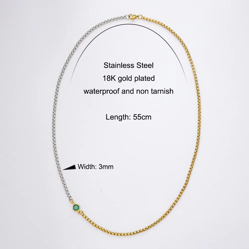 Isadora Carabiner Clasp Stainless Steel Layered Set | Two-tone Chain Pendant Necklace | Green Gem Thin Chain Necklace | Cuban Chain Necklace | Stainless Steel Thin Chain Necklace