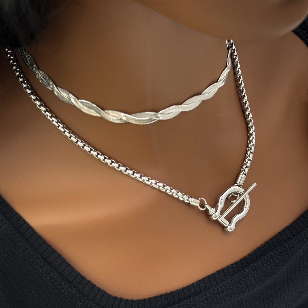 Cleo Silver Twisted Choker |Rhinestone Tennis Chain | Lariat Chain with Clasp + Bar Detail