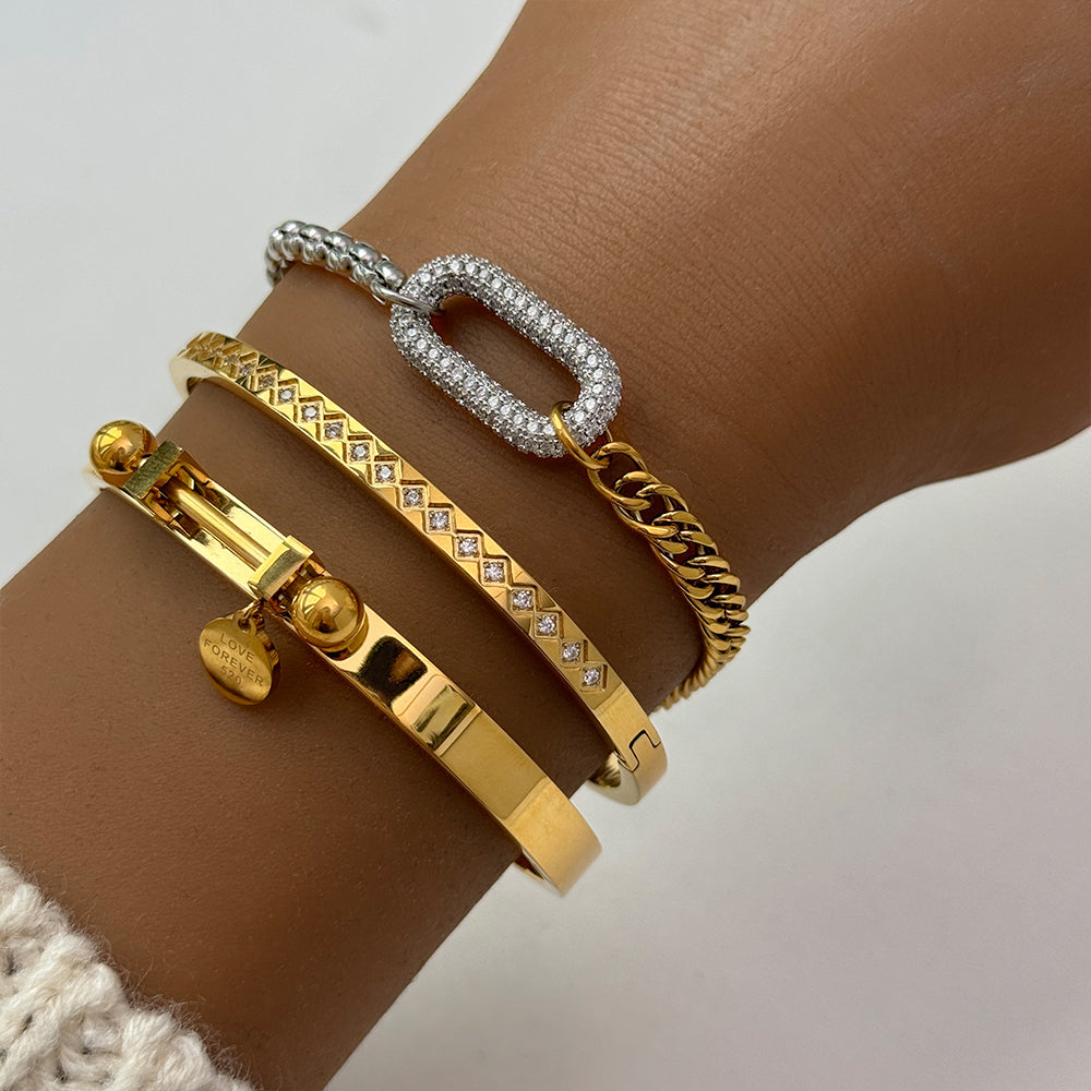 Zahara Bangle Stack Trio | Two-Tone Pave Link Bracelet | Love Bangle |Slim Zircon-Embeddle Bangle