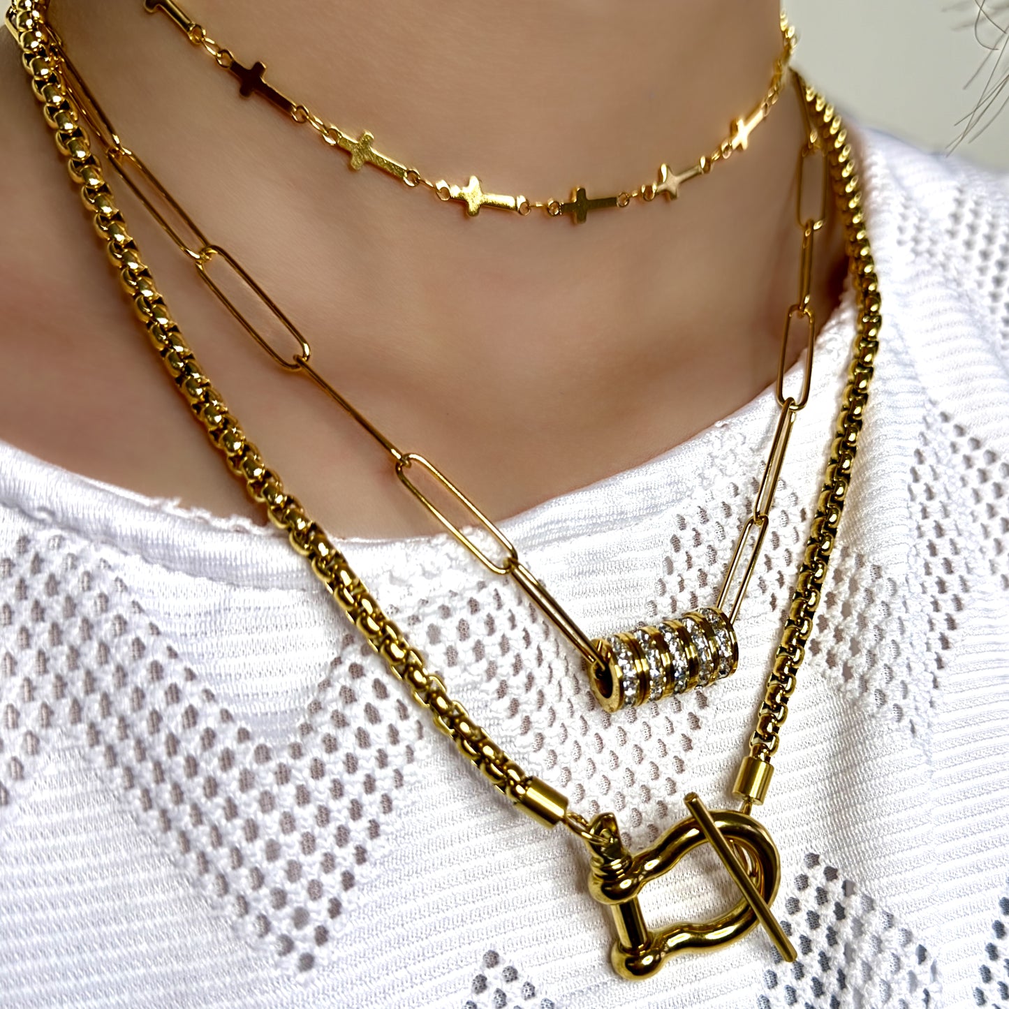 Rhea Chic Layered Necklace Set | Gold Stainless Steel | Paperclip Chain with Zircon Beads | Mini Cross Chain | Classic Box Chain and Horseshoe T-Clasp