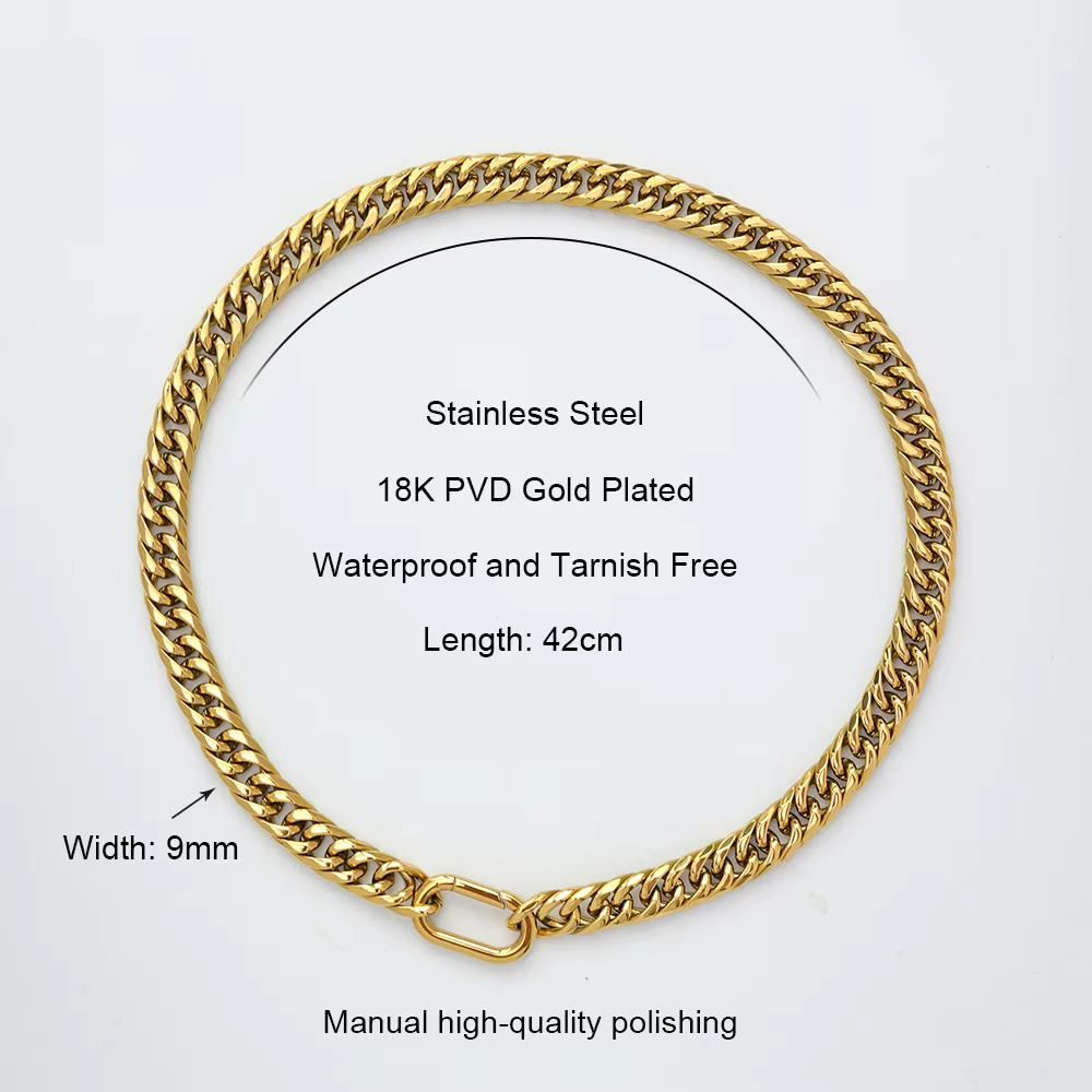 Isadora Carabiner Clasp Stainless Steel Layered Set | Two-tone Chain Pendant Necklace | Green Gem Thin Chain Necklace | Cuban Chain Necklace | Stainless Steel Thin Chain Necklace