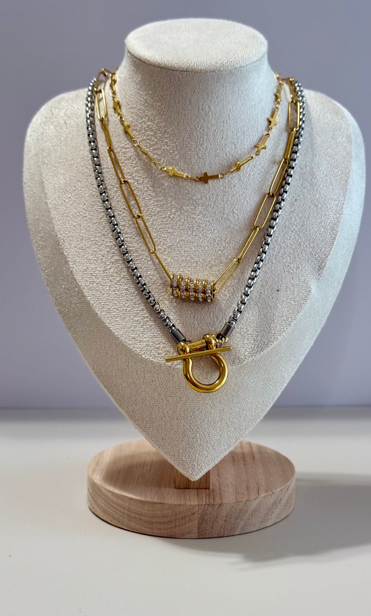 Rhea Chic Layered Necklace Set | Gold Stainless Steel | Paperclip Chain with Zircon Beads | Mini Cross Chain | Classic Box Chain and Horseshoe T-Clasp