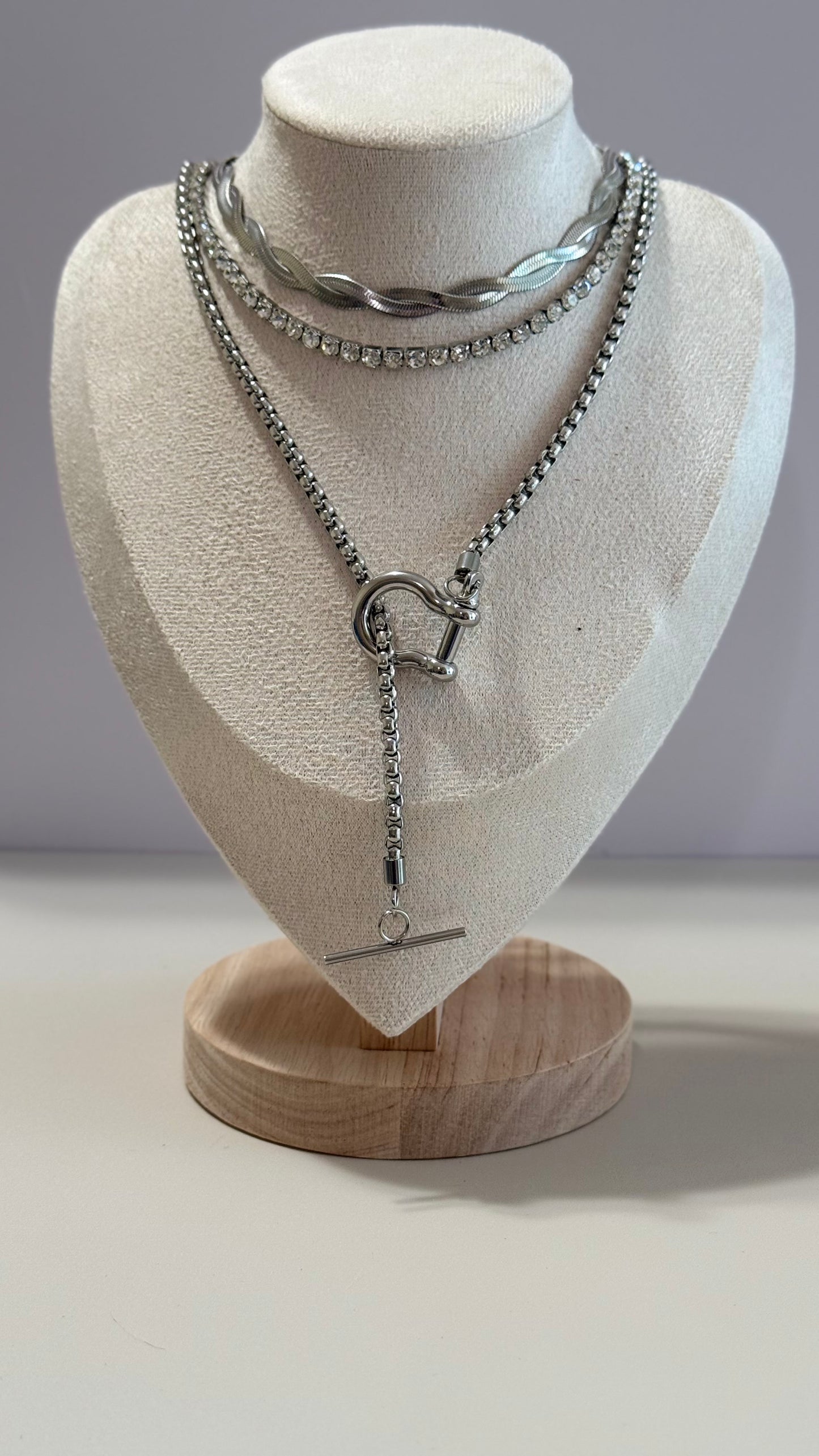 Cleo Silver Twisted Choker |Rhinestone Tennis Chain | Lariat Chain with Clasp + Bar Detail