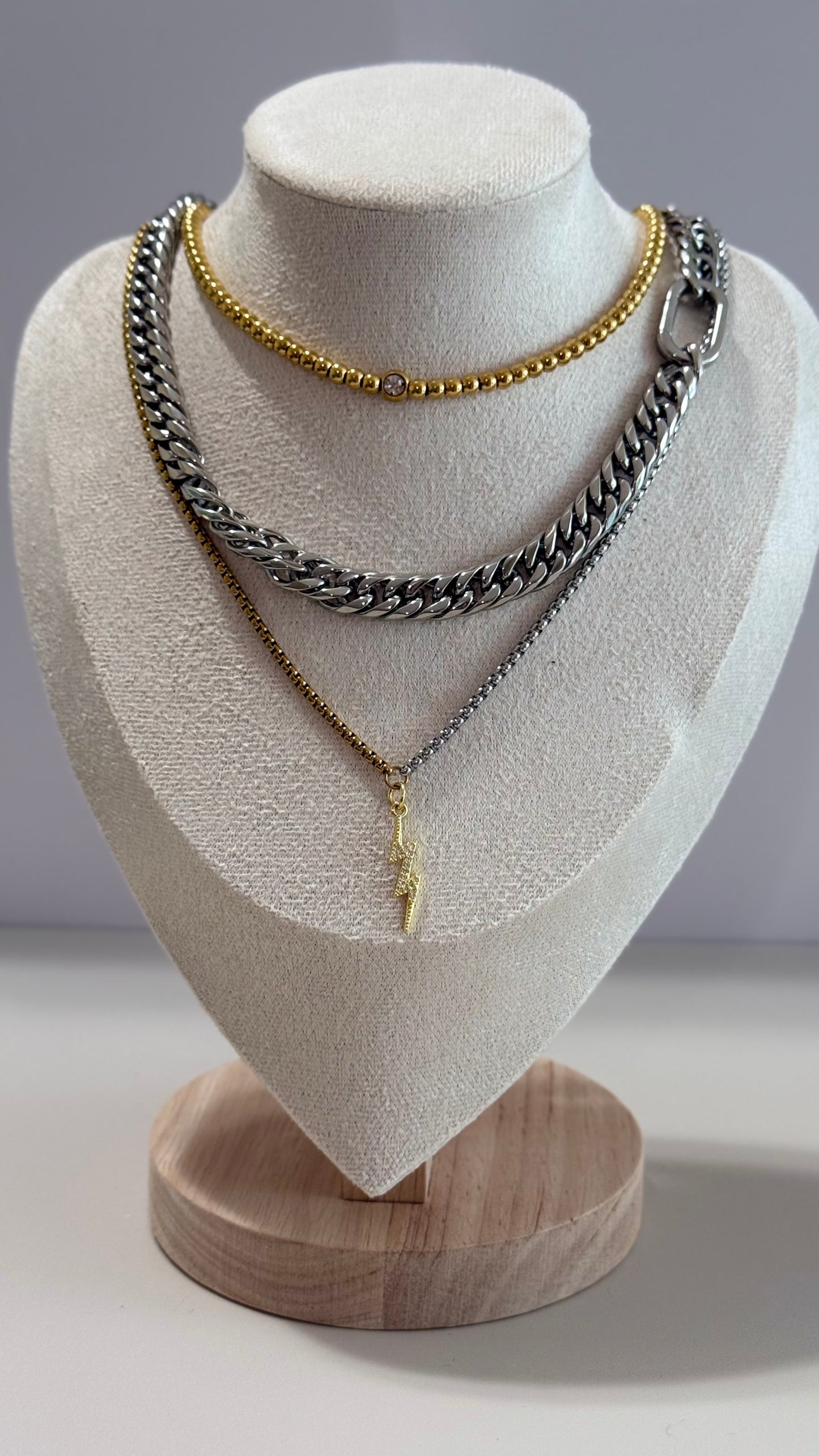 Lyra Layering Set | Dual-Tone Box Chain with Gold-Plated Clasp | Two-Tone Lightning Bolt Necklace | Silver Beaded Chain with Zircon Center | Bold Curb Chain