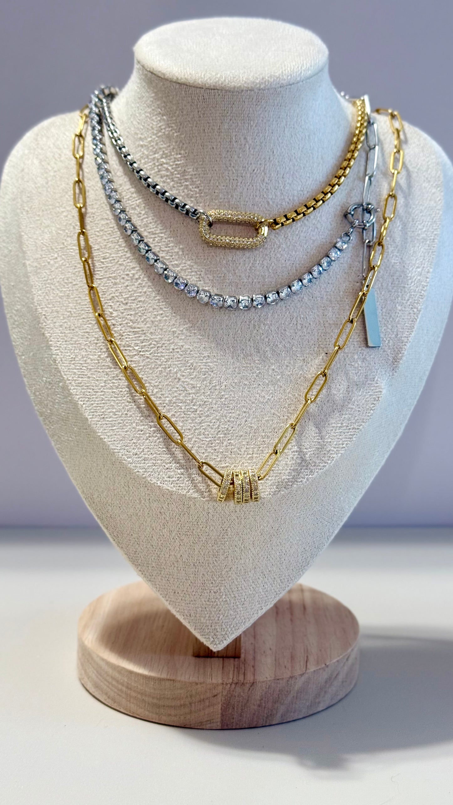 Sloane Stainless Steel Gold-Plated Layering Set| Paperclip Chain with Zircon Rings | Two-Tone Box Chain with Pave Link