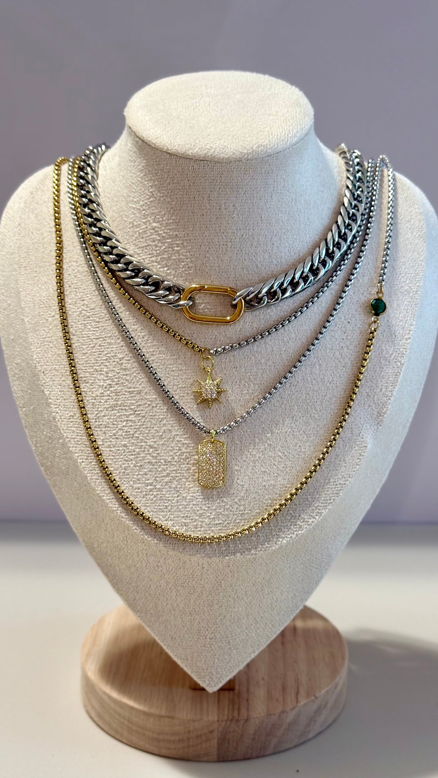 Isadora Carabiner Clasp Stainless Steel Layered Set | Two-tone Chain Pendant Necklace | Green Gem Thin Chain Necklace | Cuban Chain Necklace | Stainless Steel Thin Chain Necklace
