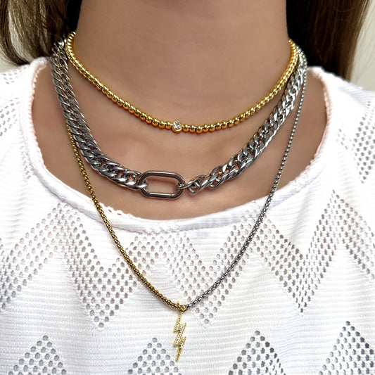 Lyra Layering Set | Dual-Tone Box Chain with Gold-Plated Clasp | Two-Tone Lightning Bolt Necklace | Silver Beaded Chain with Zircon Center | Bold Curb Chain