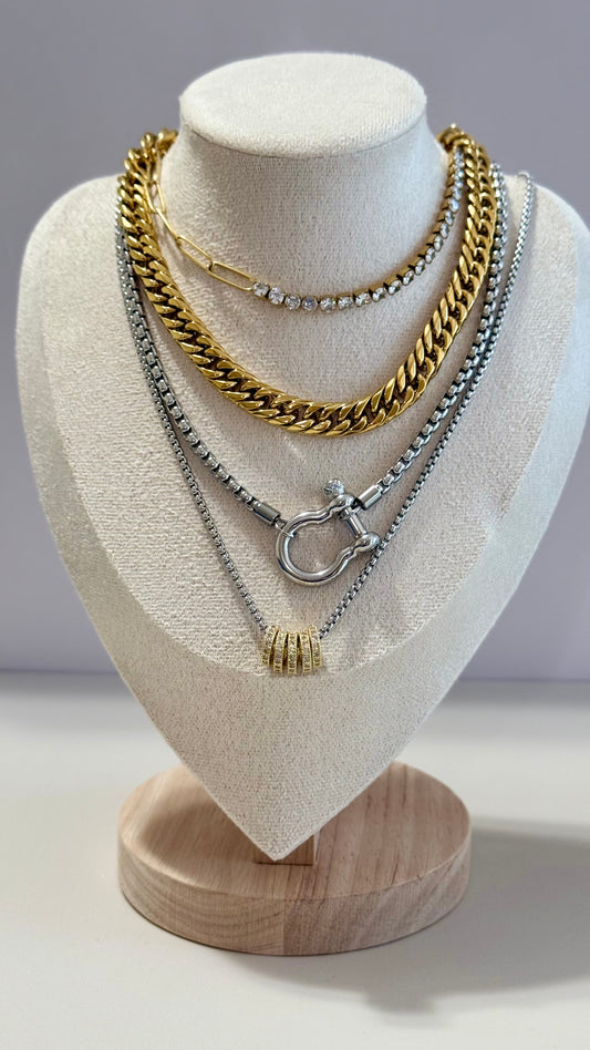 Amara Hybrid Paperclip Chain & Tennis Necklace| Chunky Gold Cuban Link |Silver box chain with Clasp Pendant | Sleek Chain with Stacked Gold Pavé Rings
